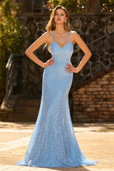 Mermaid Sky Blue Spaghetti Straps Beaded Prom Dress