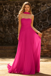 Fuchsia A-Line Strapless Pleated Prom Dress