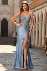 Mermaid Grey Blue Spaghetti Straps Embroidered Prom Dress