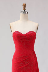 Red Strapless Beaded Mermaid Prom Dress With Slit