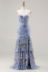 Blue Mermaid Floral Ruffled Sequin Prom Dress With Slit