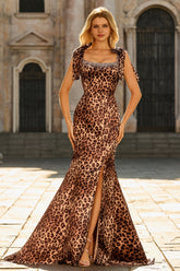 Brown Leopard Mermaid Square Neck Prom Dress with Bow
