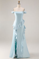 Off the Shoulder A Line Sea Glass Bridesmaid Dress with Ruffles