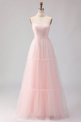 Blushing Pink Strapless A Line Tulle Prom Dress