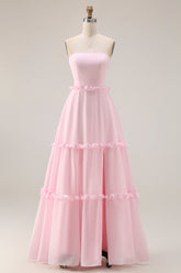 Blushing Pink A Line Strapless Ruffled Bridesmaid Dress