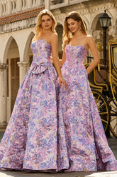 Lilac A Line Floral Strapless Prom Dress with Bow