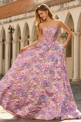 Strapless Lilac Corset A Line Brocade Prom Dress