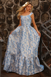 Light Blue Floral Off The Shoulder A-Line Corset Prom Dress