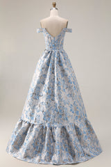 Off The Shoulder Light Blue Jacquard A-Line Corset Prom Dress