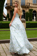 Strapless Blue White Flower A-Line Prom Dress With Pockets