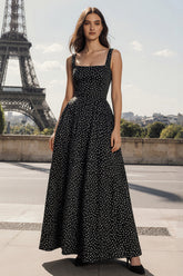 A-Line Black White Dot Square Neck Maxi Dress