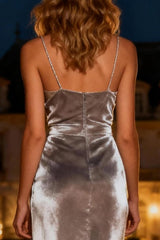 Silver Velvet Spaghetti Straps Maxi Holiday Dress With Slit