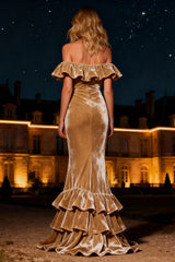 Off The Shoulder Champagne Mermaid Maxi Holiday Dress With Ruffles