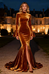 Mermaid Brown Velvet Flare Sleeve Long Formal Dress With Slit