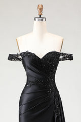 Black Off The Shoulder Appliqued Mermaid Prom Dress With Slit