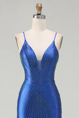 Royal Blue Mermaid Beaded Prom Dress With Slit