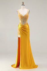 Mermaid Yellow Corset Beaded Prom Dress With Slit