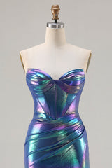 Metallic Navy Strapless Corset Mermaid Prom Dress With Slit