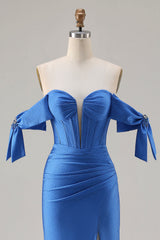 Royal Blue Off The Shoulder Mermaid Satin Prom Dress With Slit