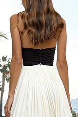 Black and White A-Line Satin Halter Maxi Formal Dress