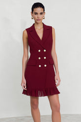 Burgundy Notched Lapel Short Work Dress with Ruffles