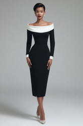 Off the Shoulder Black Bodycon Midi Work Dress