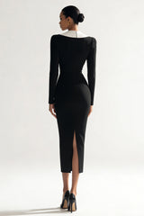 Black Bodycon Long Slleve V Neck Midi Work Dress