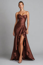Brown Satin High Low Strapless Ruffled Formal Dress