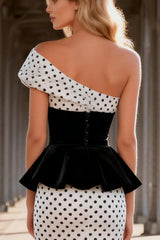 White Black Dot Mermaid One Shoulder Maxi Prom Dress