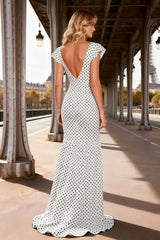 White Black Dot Mermaid V-Neck Convertible Prom Dress With Slit