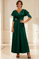 Dark Green A Line Beaded Satin Mother of the Bride Dress