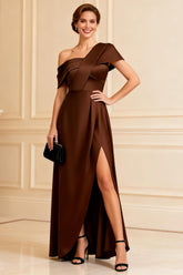 One Shoulder Chocolate Satin Mother of the Bride Dress