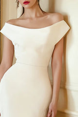 Off the Shoulder Satin Mermaid Midi White Dress