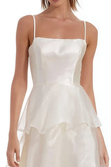 Tiered Spaghetti Straps Satin Midi White Dress