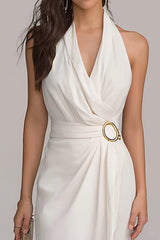 White Halter Midi Engagement Dress with Slit