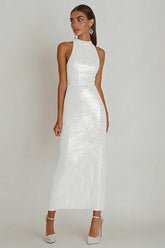 Sparkly Halter Sheath Maxi White Dress