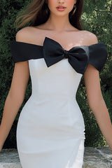 Off the Shoulder Bowed Bodycon Mini White Dress