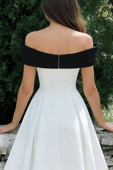 Off the Shoulder A Line Midi White Dress with Bow