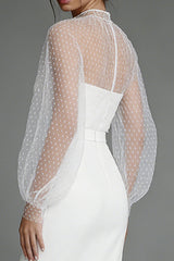 Illusion Neck Ivory Sheath Midi Formal Dress