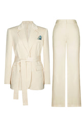 2 Piece Notched Lapel Ivory Women Suits With Belt
