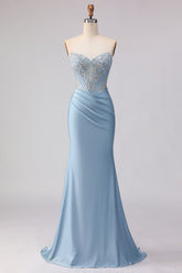 Sky Blue Corset Strapless Mermaid Maxi Prom Dress
