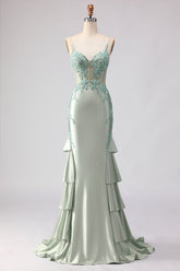 Appliqued Corset Light Green Prom Dress with Ruffles