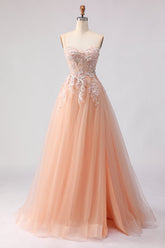 Spaghetti Straps Champagne A Line Appliqued Prom Dress
