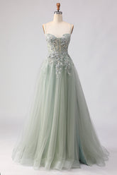 Sage Green A Line Appliqued Corset Sequin Prom Dress
