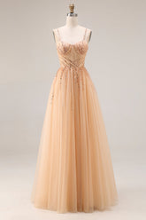 Sparkly Peach Beaded A Line Prom Dress