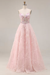 Sparkly Pink A Line Strapless 3D Flowers Prom Dress