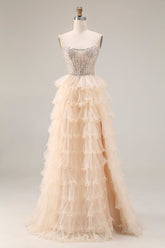 Sparkly Apricot Corset Tiered Ruffled Strapless Prom Dress