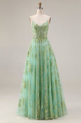 Sparkly Green Corset A Line Maxi Prom Dress