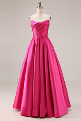 Strapless Fuchsia Satin Ruched A Line Prom Dress