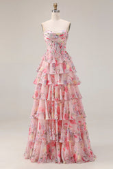 Pink Strapless Corset Floral Tiered Prom Dress